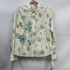 NWT Crazy Horse Liz Claiborne L Cream Blue Floral button down embroidered shirt